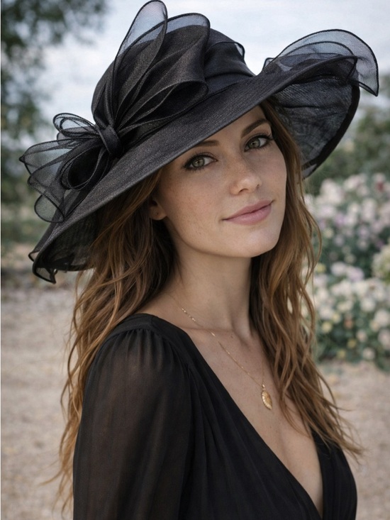 Other - Elegant Black Mesh Wide Brim Fascinator Hat with Bow – Derby, Wedding, Tea Party